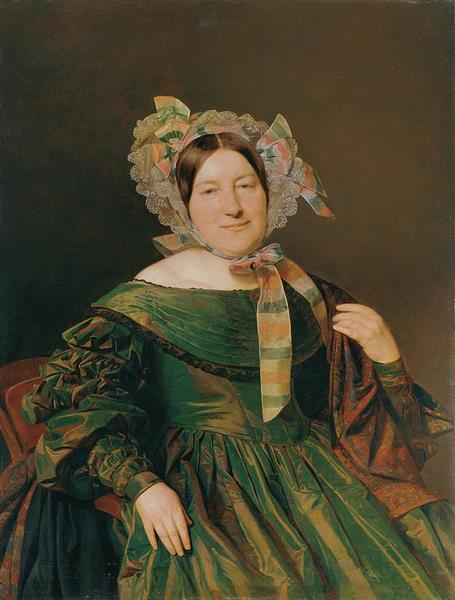 Woman In Green Salmon Red Shimmering Dress - Ferdinand Georg Waldmüller