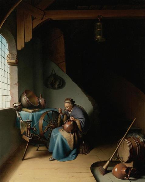 An Elderly Woman Seated by a Window at Her Spinning Wheel - Gerrit Dou ...