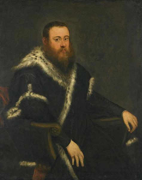 Portrait of a Bearded Man in a Black Robe with Fur - 丁托列托