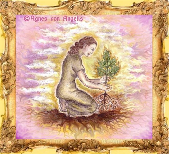 Goddess Ceres as tree planter - at pink sunrise, c.2003 - Agnes von Angelis