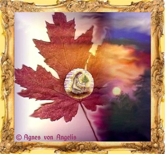 Maple leaf with symbol of Ceres in pink sunrise, c.2003 - Agnes von Angelis