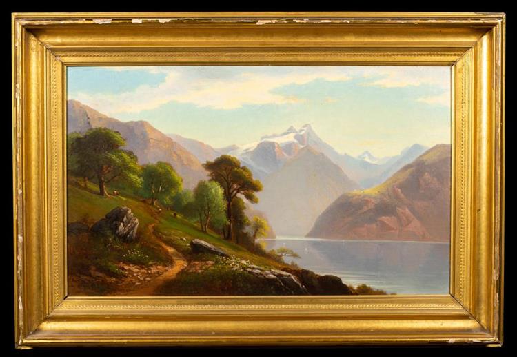 A snow capped mountain scene with a lake in the foreground, probably a Continental scene - Benjamin Champney