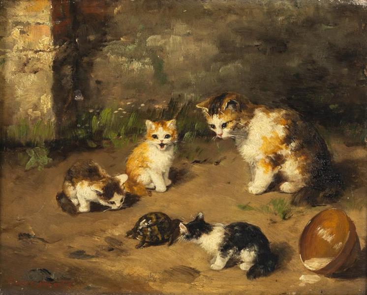 Cats observing a tortoise - Brunel Neuville