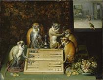 Monkeys playing backgammon - Frans II Francken