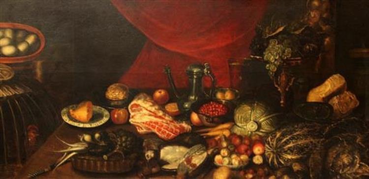 Still life of vegetables, meat, fruit and poultry on a table top - Giovanni Battista Ruoppolo