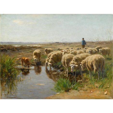 Sheep watering - Herman Johannes van der Weele