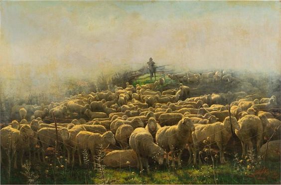 Shepherd with flock - Herman Johannes van der Weele
