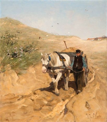 Farmer with horse and wagon in the dunes - Herman Johannes van der Weele
