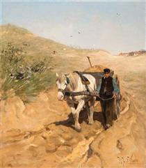 Farmer with horse and wagon in the dunes - Herman Johannes van der Weele