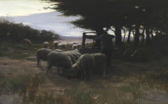 Sheep by a well - Herman Johannes van der Weele