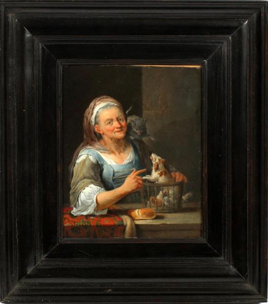 AN OLD LADY HOLDING A BASKET WITH A DOG AND PUPPIES - Jacob Toorenvliet