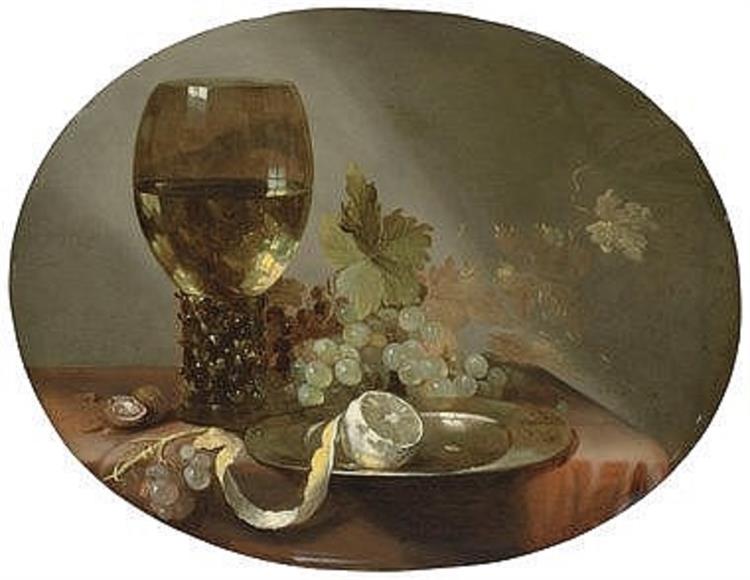 A roemer of sweet wine, with grapes and a lemon on a pewter plate, on a draped table - Jacques de Claeuw