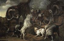 Spaniels and other dogs in a landscape - Jacques de Claeuw