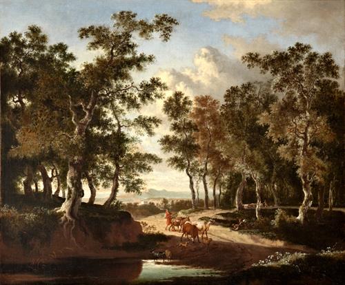 A Wooded Landscape with a Shepherd and his Herd on a Path near a Puddle - Jan Hackaert