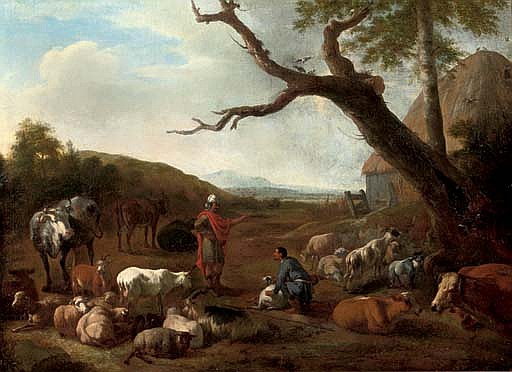 An Italianate wooded landscape with the departure of Jacob and Laban - Jan van der Meer II