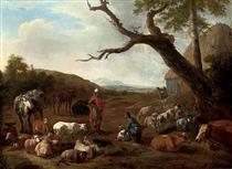 An Italianate wooded landscape with the departure of Jacob and Laban - Jan van der Meer II