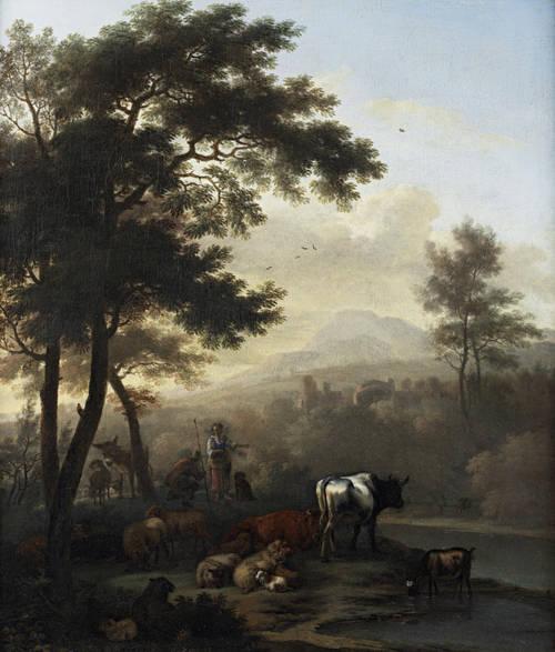 Shepherds grazing their cattle before an open Italianate landscape - Jan van der Meer II