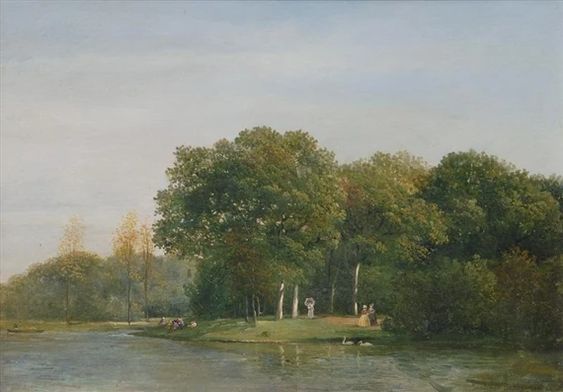 Wooded Waterside with elegant Party - Julius van de Sande Bakhuyzen