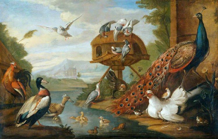 Peacocks and Other Birds in a River Landscape - Marmaduke Cradock