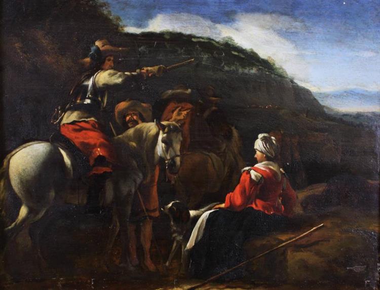 Berittener Soldat mit rastenden Wanderern - Nicolaes Pietersz. Berchem