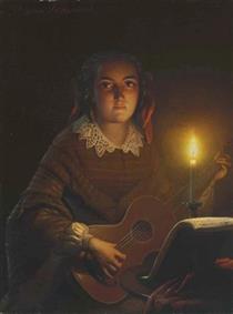 A Girl Playing a Guitar by Candlelight - Петрус ван Шендель