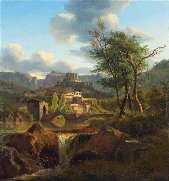 A Mediterranean mountain landscape with view of a waterfall and a bridge before a village - Alexandre-Hyacinthe Dunouy
