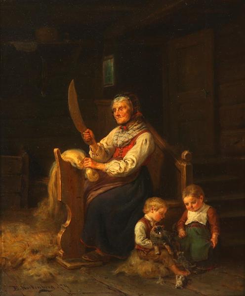 The wool cutter, interior scene with children and an old lady - Bengt Nordenberg