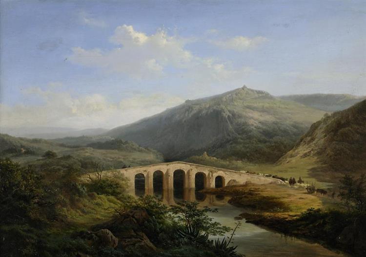 Italienische Landschaft mit Steinbrücke und Hirten - Edouard de Vigne