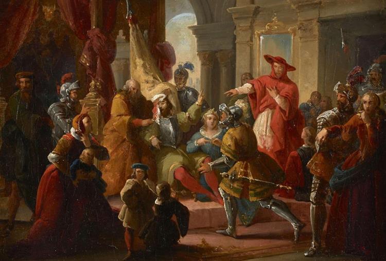 Henri II blessé mortellement bénit le mariage de sa sœur Marguerite de Valois avec Emmanuel-Philibert de Savoie - Francesco Podesti
