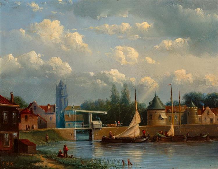 View of a Dutch city with boats and figures - Frederik Hendrik Kaemmerer
