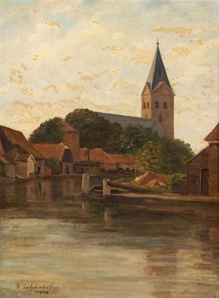 Dorf mit Kirche am Wasser - Gustav Schonleber