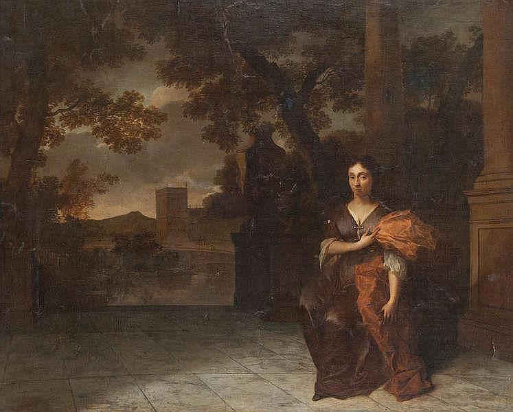 Portrait of a lady on a terrace with view on a park with pond and bell tower - Isaac de Moucheron