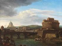 A view of the Tiber, Rome - Isaac de Moucheron