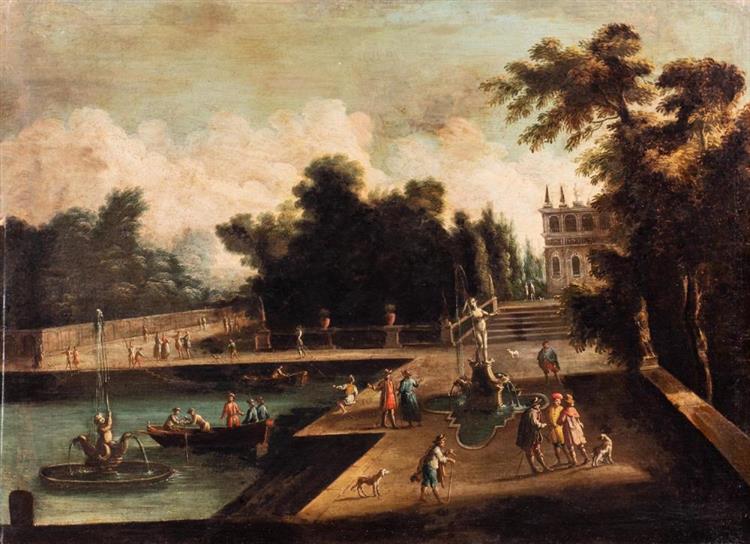 Garden of a villa with fish pond, two fountains and onlookers - Isaac de Moucheron