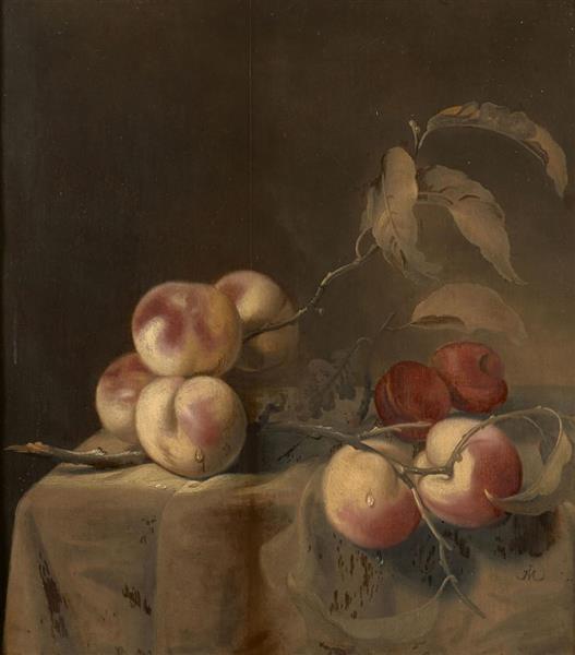 Pêches et prunes sur un entablement, une toile d'araignée dans le fond - Jacob Fransz. van der Merck