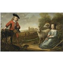 portrait of a young boy and a young girl with a goat and two sheep in an italianate landscape, a herdsman with his cattle by ruins beyond - Jacob Gerritsz Cuyp