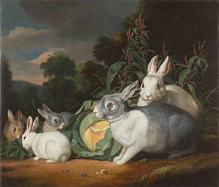 Landschaft mit Kaninchenfamilie um einen Kohlkopf - Jacob Samuel Beck