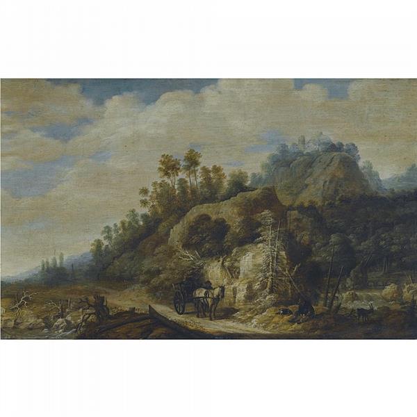 AMSTERDAM A MOUNTAINOUS LANDSCAPE WITH FIGURES WALKING ALONG A PATH WITH A HORSE AND CART - Joachim Govertsz. Camphuysen