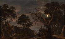 LANDSCAPE WITH A RUIN, HORSEMAN AND WAYFARER IN FRONT OF A TOWN IN THE MOONSHINE - Joachim Govertsz. Camphuysen