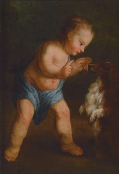 Little boy holds a piece of biscuit out to a dog as a reward - Johann Heinrich Tischbein the elder
