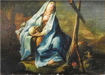 Maria Magdalena sitzt vor einem hölzernen Kreuz mit bittendem Blick - Johann Jakob Zeiller