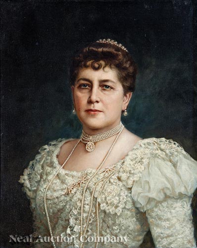 Portrait of an Elegant Woman Wearing Starbust Diamond Pins, Tiara and Pearl Necklace with a Diamond Pendant - John Alfred Mohlte