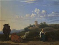 A Woman with Cattle and Sheep in an Italian Landscape - Karel Dujardin