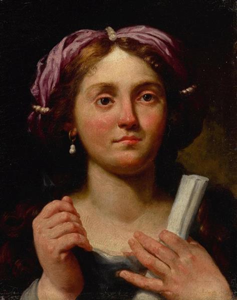 A portrait of a lady, possibly a sibyl, bust length, holding an arrow and a scroll - Lorenzo Pasinelli