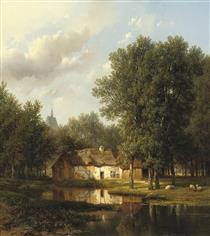 A sunlit cottage near a pond - Peter Ludwig Kuhnen