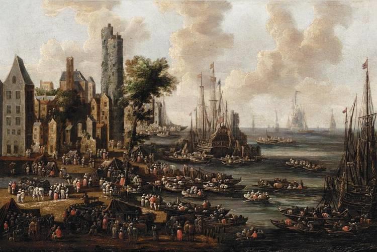 A  CAPRICCIO  VIEW  OF  A  BUSY  HARBOUR  SCENE  WITH  FIGURES  LOADING  THEIR  BOATS - Pieter Casteels II