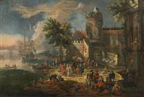Harbour scene with merchants and farmers - Pieter Casteels II