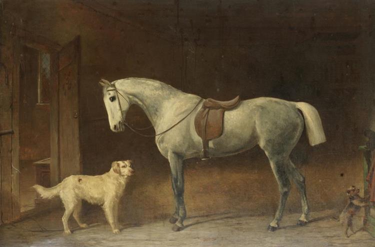 A grey and two dogs in a stable - Robert Henry Roe
