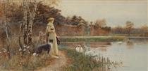 A lady and her sheepdog by the side of a lake admiring swans - Thomas James Lloyd