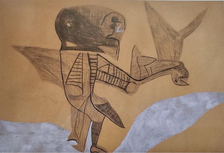 Vajda Lajos Winged Being on Silver Ground, 1938, Pastel Indian Ink, Tempera and Charcoal on Paper, 63x90cm, 1938 - Lajos Vajda